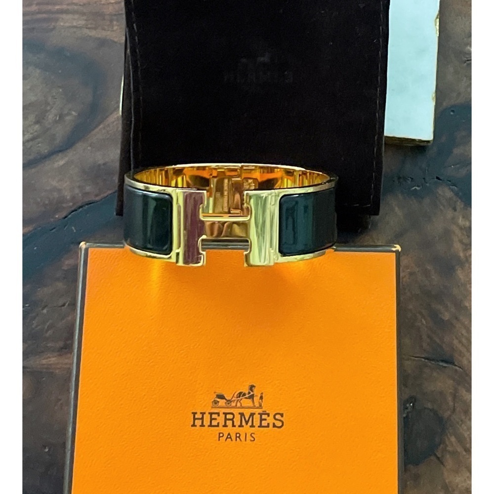Authentic Hermes Clic Clac H Gold Noir Black Wide Enamel Bracelet